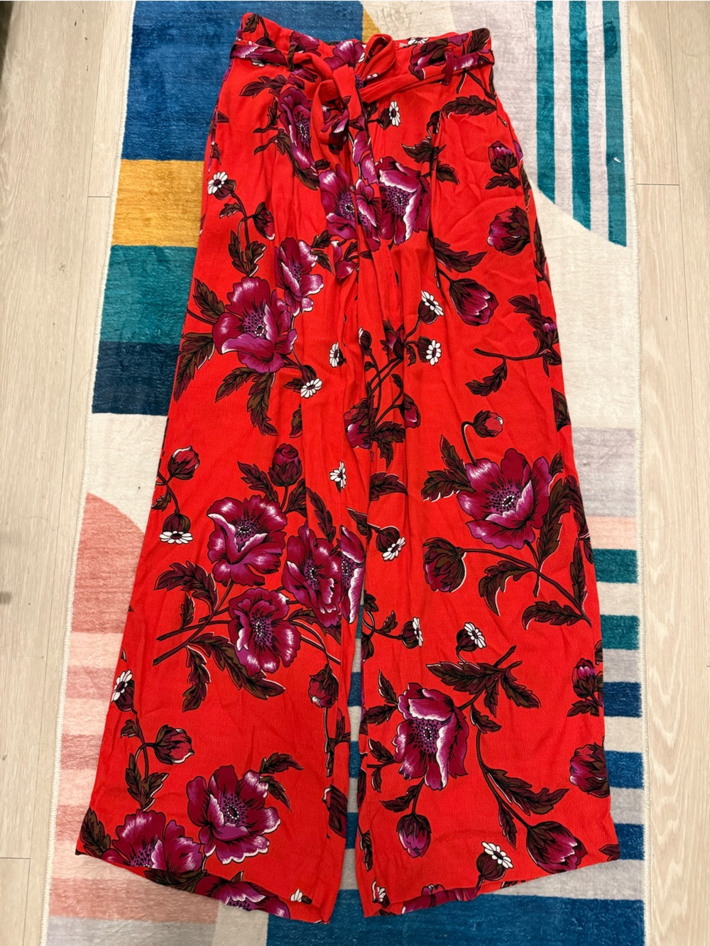 Anthropologie Ett Twa Margo Red Floral Wide Leg Trousers Boho Belted Sz 2